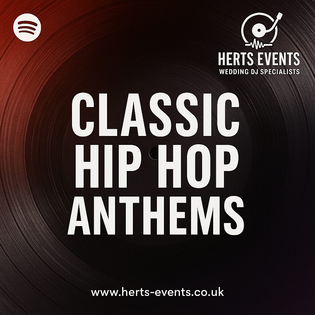 Classic Hip Hop Anthems playlist cover by Herts Events – vinyl DJ artwork