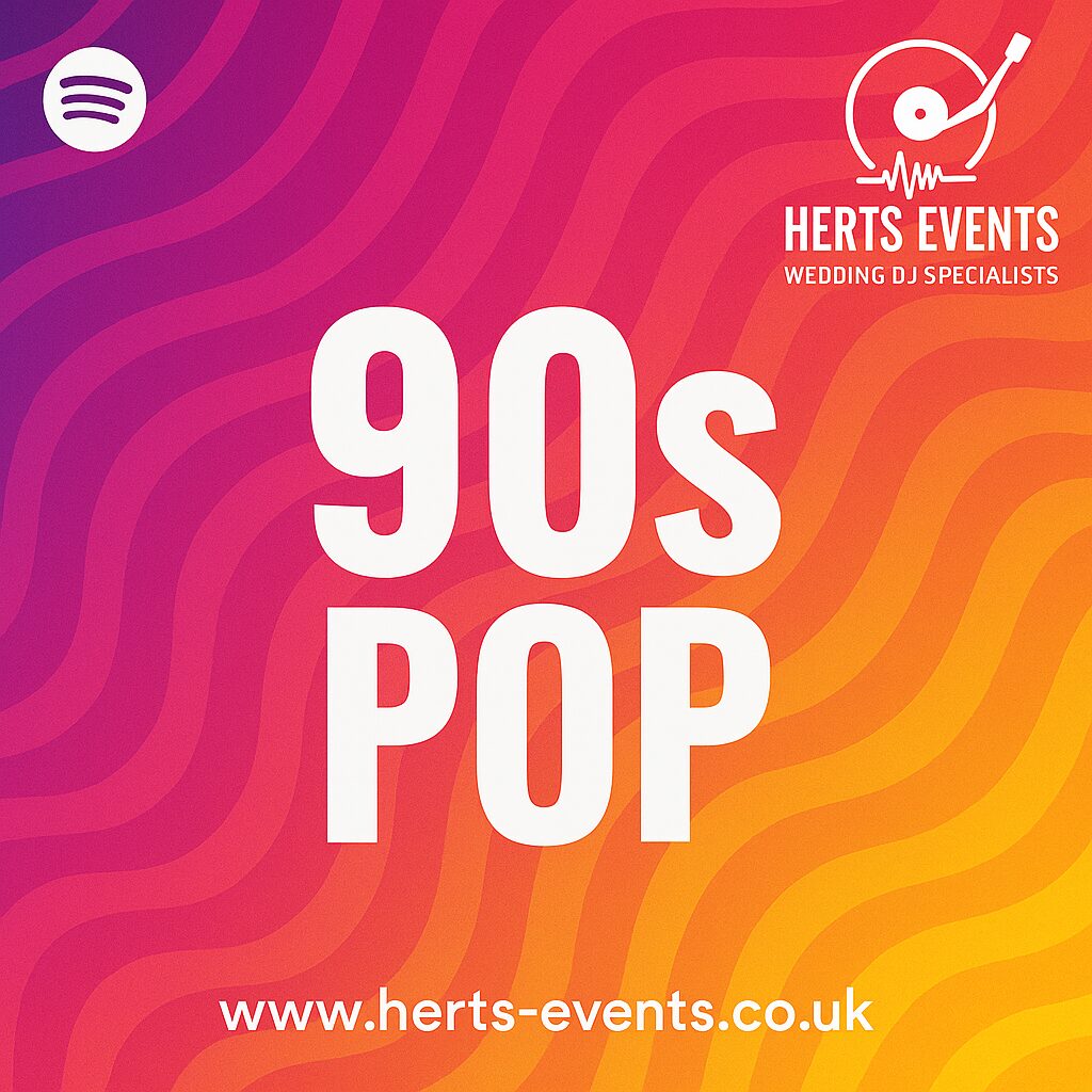 90s Pop playlist cover by Herts Events – vibrant vinyl artwork