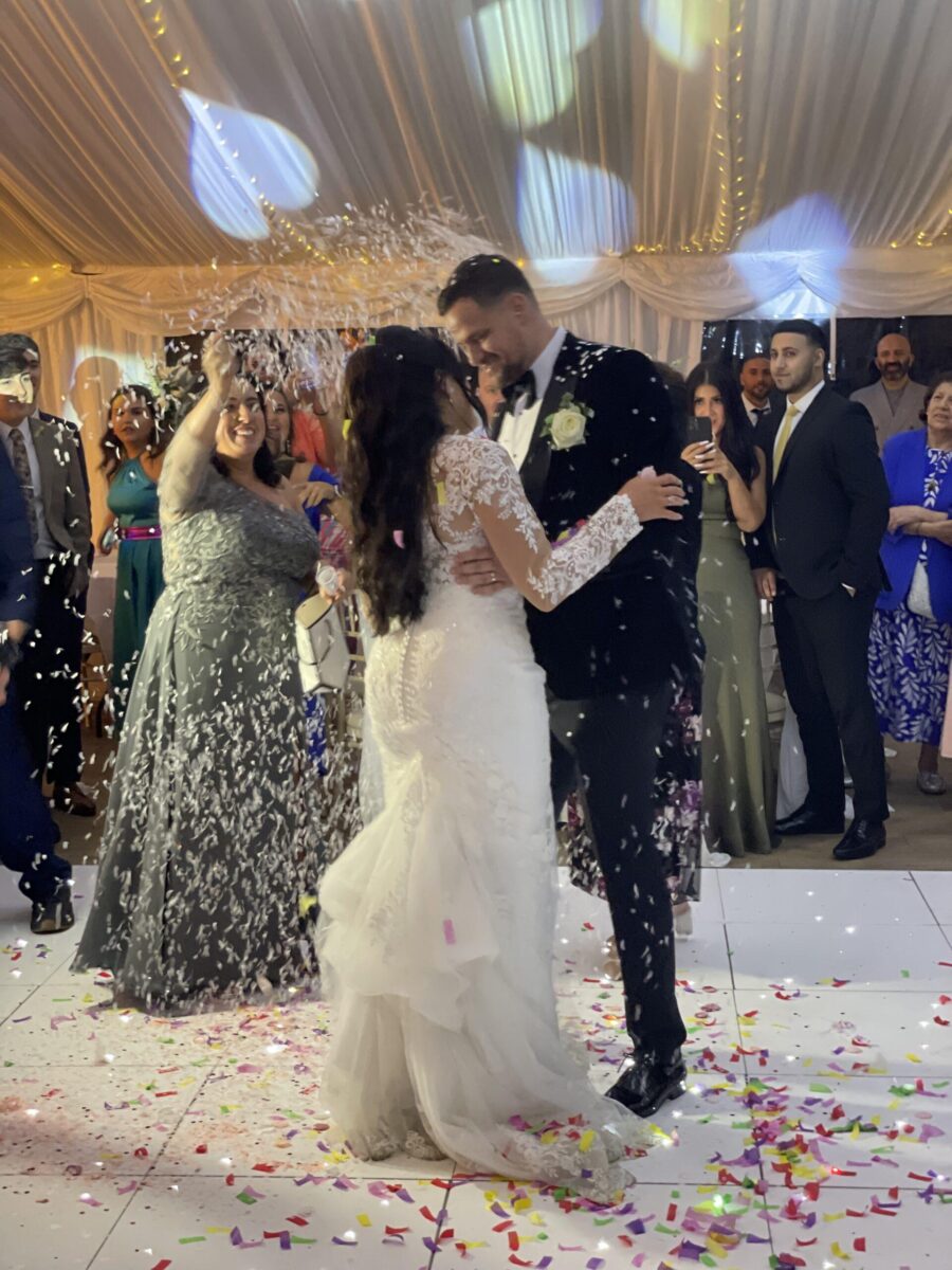 Confetti falling during the couple’s first dance